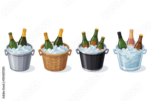 Collection of champagne bottles chilling in ice buckets for celebration
