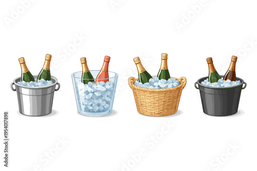 Four different containers holding champagne bottles chilling in ice