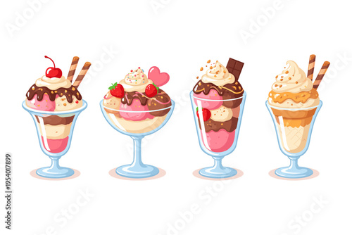 Four delicious ice cream sundaes with various toppings and flavors in glass bowls