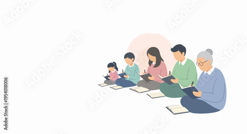Generational family learning session with diverse ages sitting on floor, writing in notebooks. Family learning involves children, parents, and grandparent engaged in shared activity,