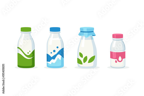 Assortment of stylized milk bottles with colorful labels and caps on white background