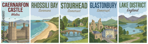 Vintage british united kingdom travel poster set. Including caernarfon castle, rhossili bay, stourhead, glastonbury, and lake district. Retro vector illustration.