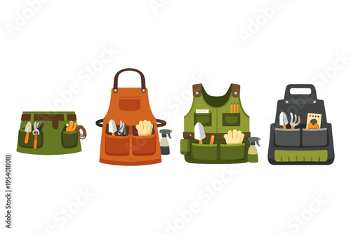 Collection of gardening aprons, vests, and tool belts with various tools