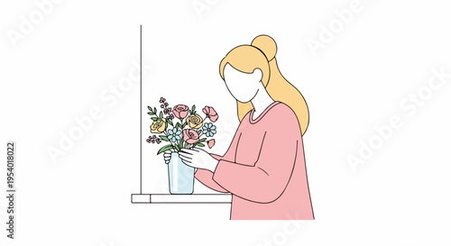 Blonde woman creating flower arrangement, carefully placing fresh colorful blossoms into a vase on a windowsill. Flower arrangement activity brings peaceful ambiance to home,