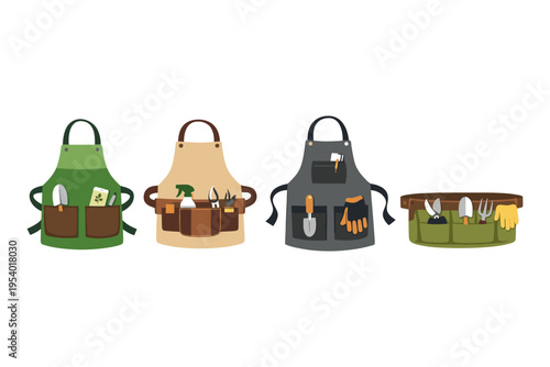 Collection of gardening aprons with tools and accessories in pockets