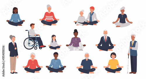 Diverse meditation group with calm individuals in varied seated poses. Men, women, seniors, wheelchair user comprise diverse meditation group. Ideal for wellness, promoting diverse meditation group.