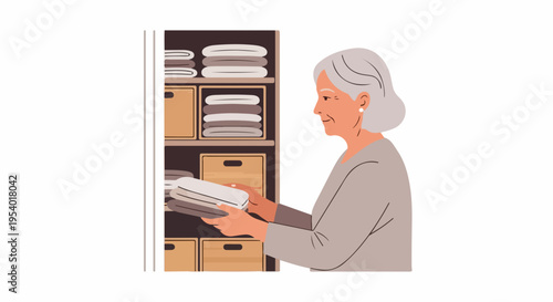 Senior woman practices home organization, folding laundry into a cabinet. Her diligent home organization involves stacking clean clothes on shelves and in bins. Image for home organization,