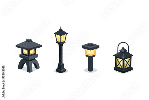 Collection of four distinct outdoor lighting fixtures in a clean isometric illustration
