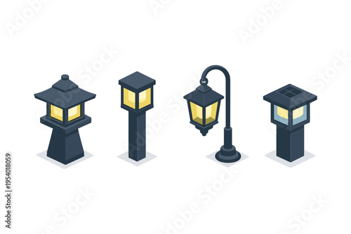 Collection of four isometric outdoor lighting fixtures with glowing yellow light