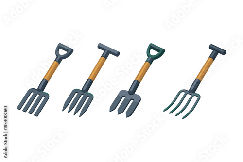 Collection of four garden pitchforks and shovels with wooden handles on a white background
