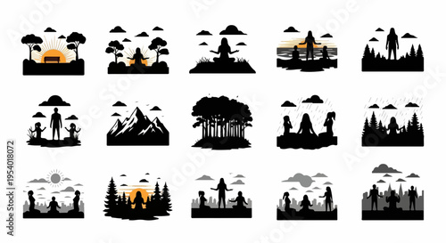 Collection of outdoor silhouette designs showcasing various natural scenes and human figures. Each outdoor silhouette illustration features trees, mountains, sunsets,
