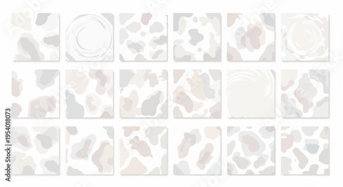 Grid of abstract pattern tiles with organic shapes. Each abstract pattern displays muted beige, gray, blush tones for calm aesthetic. Versatile abstract pattern for modern backgrounds, designs.