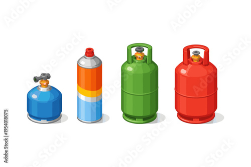 Collection of various gas cylinders and canisters in isometric view on white background