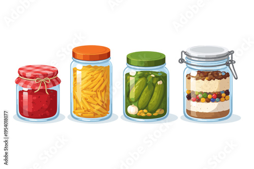 Four glass jars filled with different preserved foods and ingredients