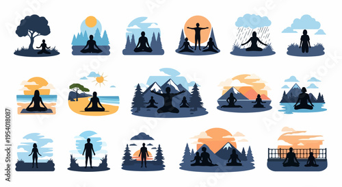 Meditation practice silhouettes show individuals in peaceful poses amidst serene natural landscapes. Diverse meditation practice scenes feature people practicing mindfulness near mountains, trees,