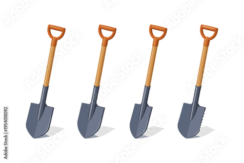 Collection of four garden shovels with D-shaped handles and metal blades