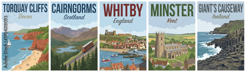 Vintage british and ireland travel poster set. Including torquay cliffs, cairngorms, whitby, minster, and giants causeway. Retro vector illustration design.