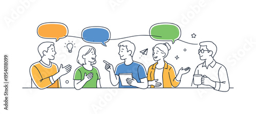 A modern communication and conversation concept where people exchange ideas and messages in a collaborative environment, using a set of clean speech bubble shapes and a single