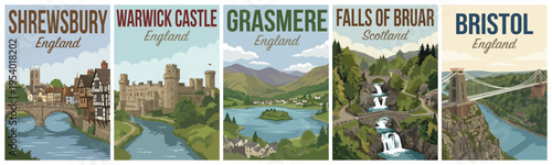 Vintage british united kingdom travel poster set. Including shrewsbury, warwick castle, grasmere, falls of bruar, and bristol. Retro vector.