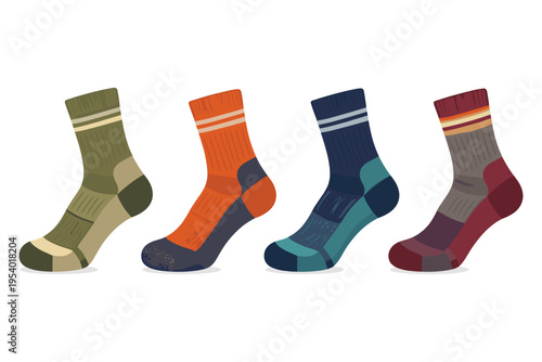 Four pairs of colorful, patterned athletic socks displayed in a row on a white background