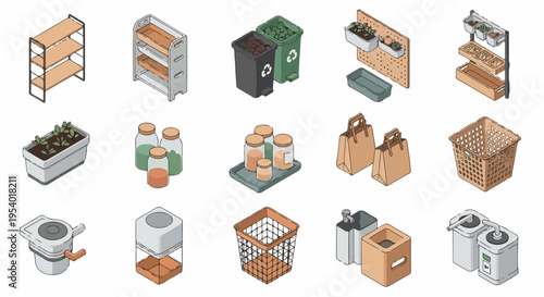 Isometric eco friendly storage collection displays various sustainable household items. Eco friendly storage features kitchen pantry jars, recycling bins, plant containers, and reusable shopping bags.