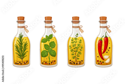 Four bottles of infused olive oil with herbs and spices, illustrated in a cartoon style