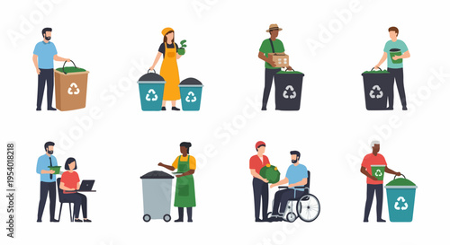 Diverse people practicing waste management, putting materials into designated recycling bins. Individuals demonstrate effective waste management habits, promoting environmental care.