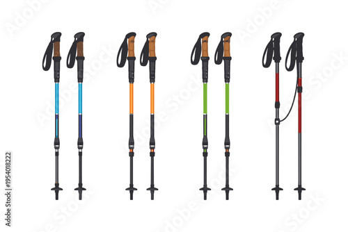 Collection of four pairs of adjustable hiking poles in various colors and designs