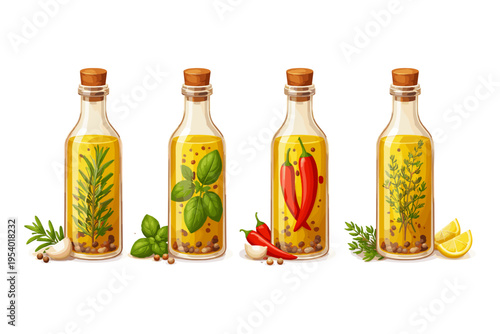 Four bottles of infused olive oil with herbs, chili peppers, and lemon slices