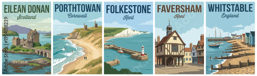 Vintage british united kingdom travel poster set. Including eilean donan, porthtowan, folkestone, faversham, and whitstable. Retro vector illustration.
