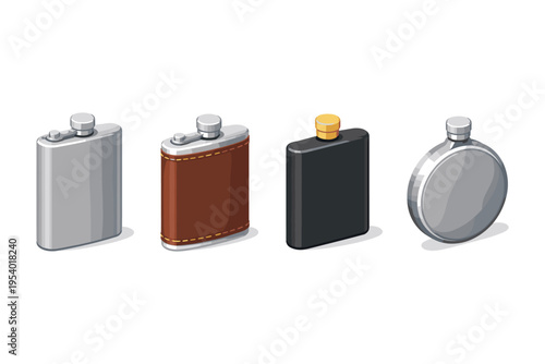 Collection of four different hip flasks in isometric view on a white background