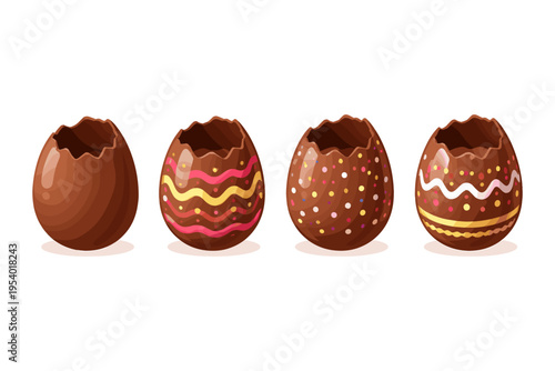 Four hollow chocolate Easter eggs with decorative patterns and sprinkles on white background