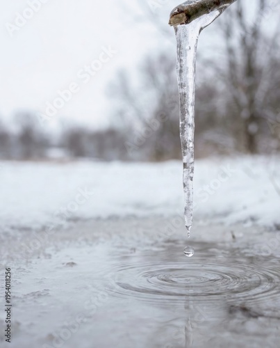Winter melting icicle dripping waterdrops in cold thawing landscape nature photography close-up view