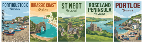 Vintage british united kingdom travel poster set. Including porthoustock, jurassic coast, st neot, roseland peninsula, and portloe. Retro vector illustration.