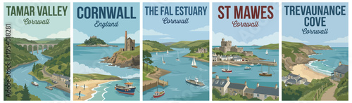 Vintage cornwall united kingdom travel poster set. Including tamar valley, tin mines, the fal estuary, st mawes, and trevaunance cove. Retro vector art design.