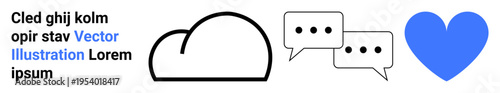 Communication tools, cloud storage, social media, digital interaction, online messaging, emotions. Black cloud, speech bubbles and blue heart placement. Communication tools and cloud storage concept