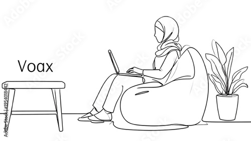 Woman working on laptop sitting on bean bag, freelancer silhouette, remote work and home office concept, black and white flat CAD vector illustration