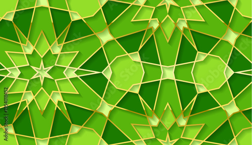 Green and gold islamic geometric star pattern background with 3d layered arabesque shapes