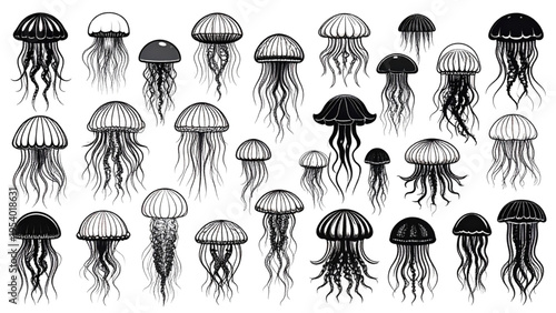 Jellyfish silhouette vector set with flowing tentacles, marine life artwork, underwater sea creature illustration, black and white flat CAD-style design