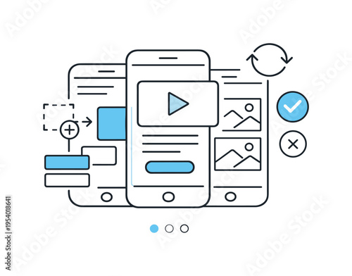 Product design and prototyping concept highlighting user interface testing and iteration, a minimal set of overlapping smartphone mockups with interchangeable screen blocks and