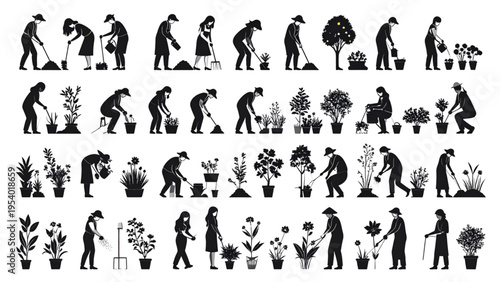 Gardening silhouette set with people watering plants and caring for garden, black and white flat vector illustration, nature care and outdoor activity concept