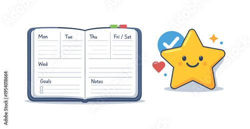 Structured planning habit supporting productivity, goal setting, and balanced scheduling across the week in a simple personal planner notebook, an open notebook with neatly divided