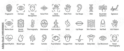 Biometric identification methods icons set, fingerprint, iris scan, face recognition.