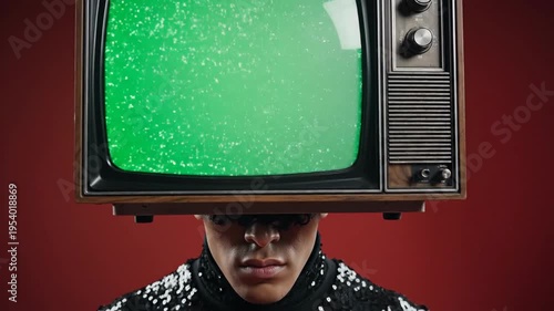 Person with old television set on head against red backdrop