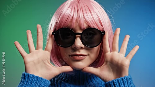 Person with pink wig and sunglasses in studio setting portrait