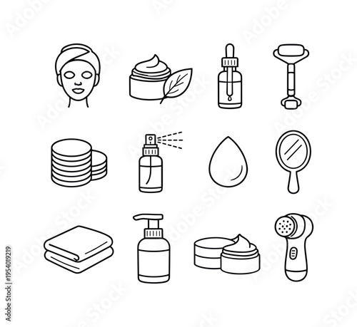 Face skin treatment skincare: face with facial mask, cream jar with leaf, serum dropper bottle, face roller tool, cotton pads stack, spray bottle mist, beauty sponge, hand mirror