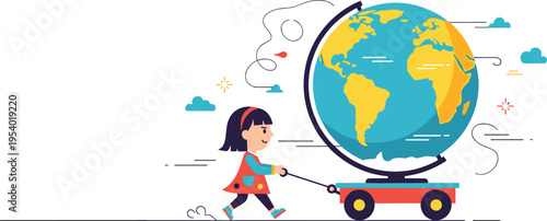 Cute little girl pulling globe on cart save Earth concept environmental protection flat vector illustration