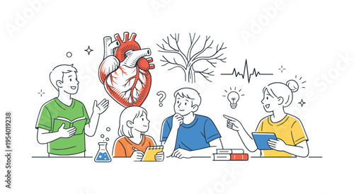 A medical education illustration moment where a small group studies human anatomy and discusses the structure of the circulatory system during a learning session focused on health