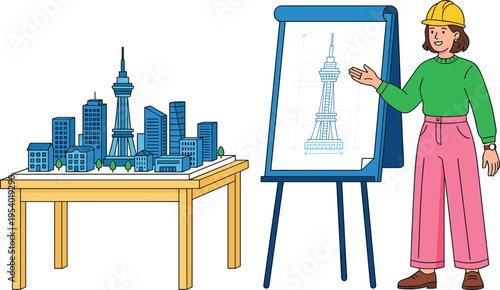 Female architect presenting urban city model and tower blueprint on easel professional engineering construction planning concept illustration
