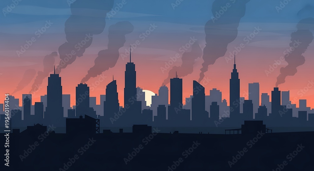 Fototapeta premium A stylized illustration of a city skyline at sunset with smoke rising from industrial buildings, depicting urban pollution.